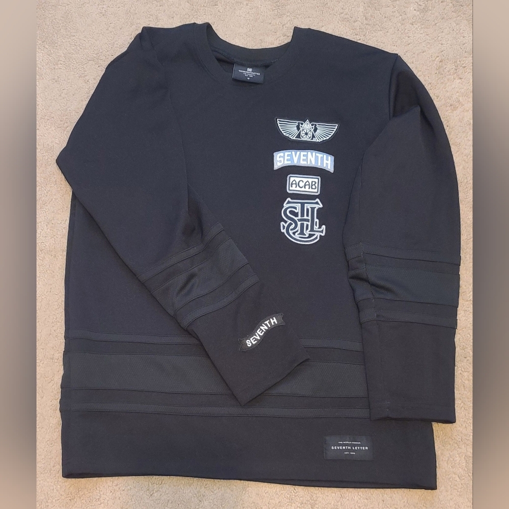 The Seventh Letter men's black logo ACAB pull over jersey